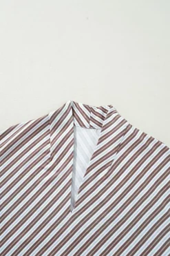 Best Dear-Lover Striped Stand V Neck Short Sleeve Blouse Chestnut