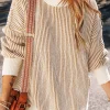 Best Dear-Lover Striped Textured Knit Contrast Edge Loose Sweater Chestnut
