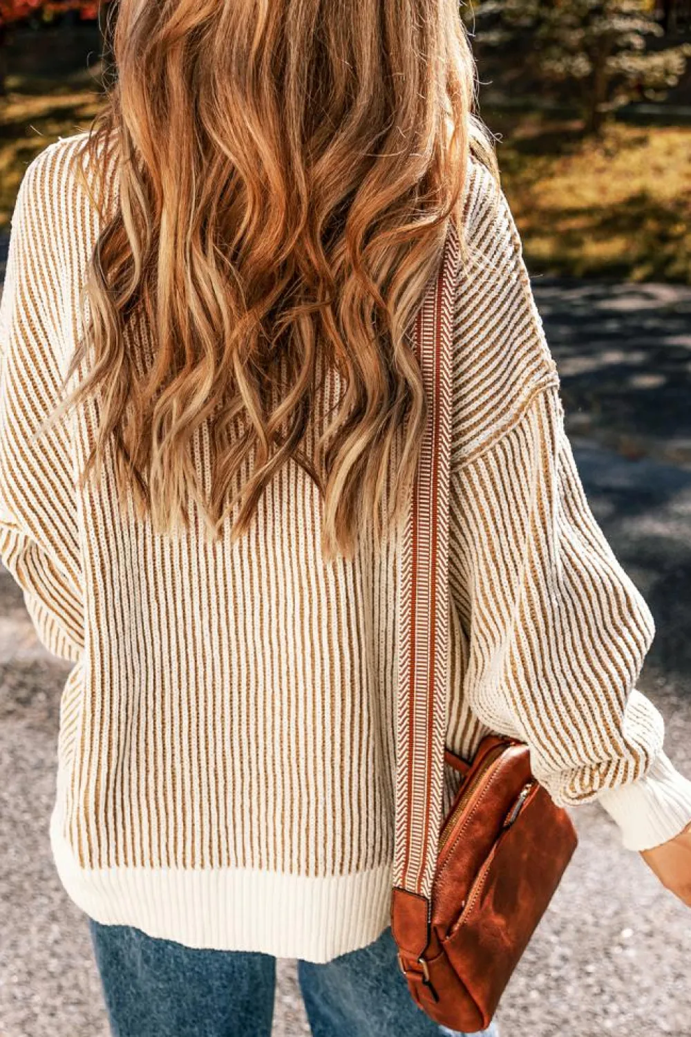Best Dear-Lover Striped Textured Knit Contrast Edge Loose Sweater Chestnut