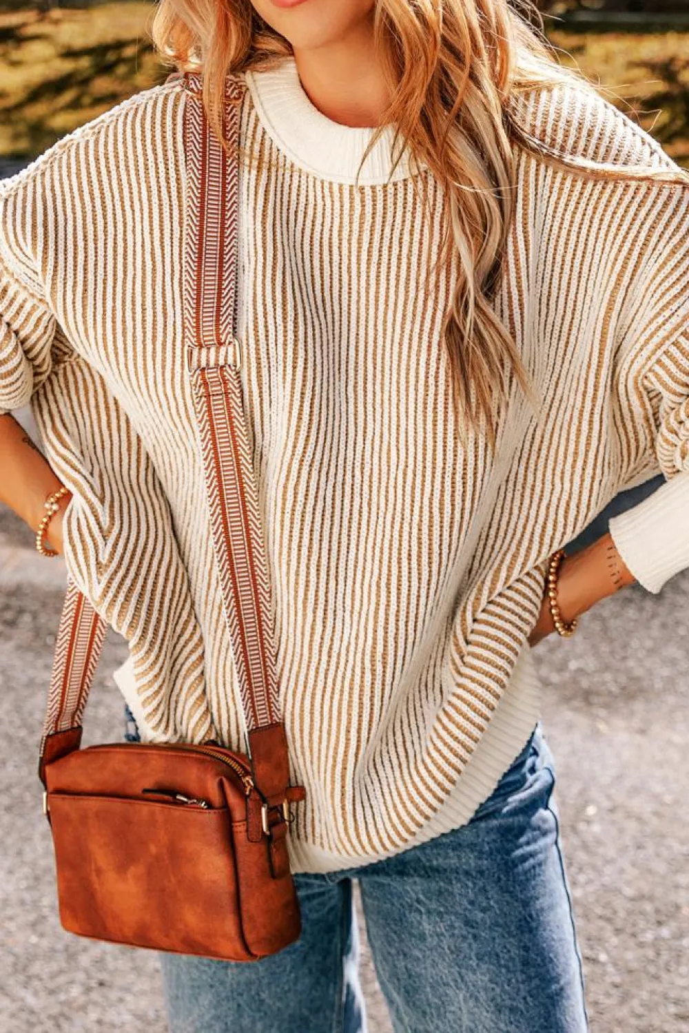 Best Dear-Lover Striped Textured Knit Contrast Edge Loose Sweater Chestnut
