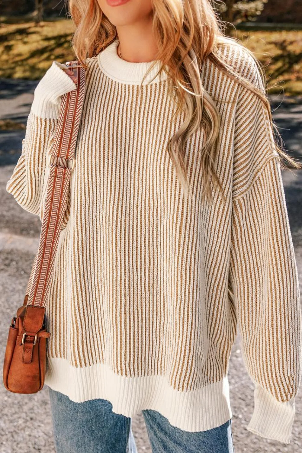 Best Dear-Lover Striped Textured Knit Contrast Edge Loose Sweater Chestnut