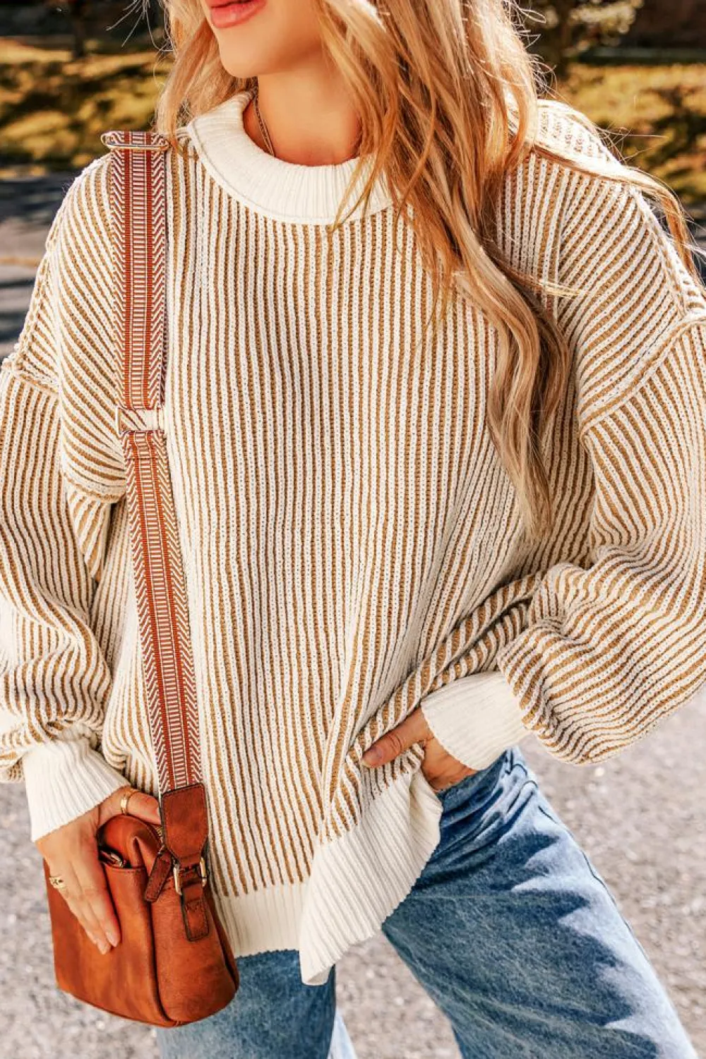 Best Dear-Lover Striped Textured Knit Contrast Edge Loose Sweater Chestnut