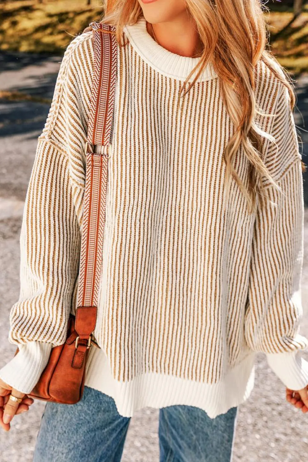 Best Dear-Lover Striped Textured Knit Contrast Edge Loose Sweater Chestnut