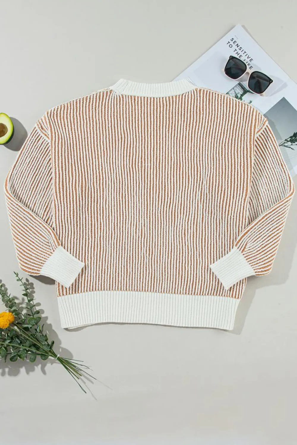 Best Dear-Lover Striped Textured Knit Contrast Edge Loose Sweater Chestnut