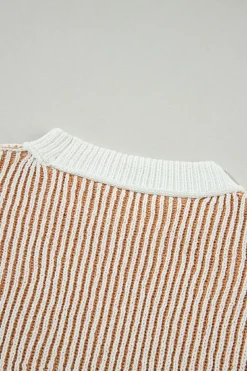 Best Dear-Lover Striped Textured Knit Contrast Edge Loose Sweater Chestnut