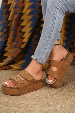 Online Dear-Lover Suede Buckle Decor Footbed Sandal Slippers Chestnut