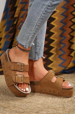 Online Dear-Lover Suede Buckle Decor Footbed Sandal Slippers Chestnut