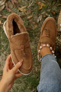 Outlet Dear-Lover Suede Furry Lined Slip on Flat Shoes Chestnut