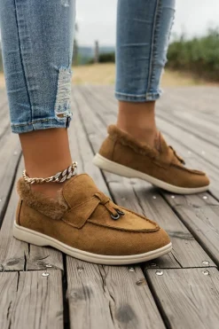 Outlet Dear-Lover Suede Furry Lined Slip on Flat Shoes Chestnut