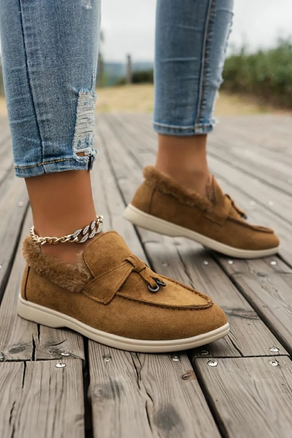 Outlet Dear-Lover Suede Furry Lined Slip on Flat Shoes Chestnut