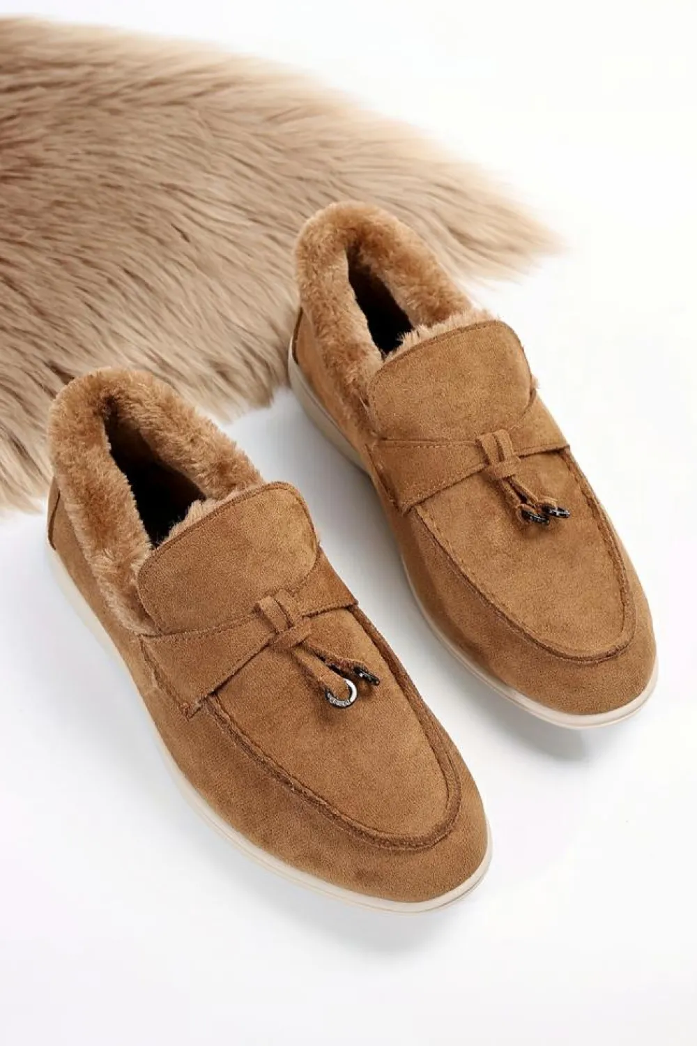 Outlet Dear-Lover Suede Furry Lined Slip on Flat Shoes Chestnut