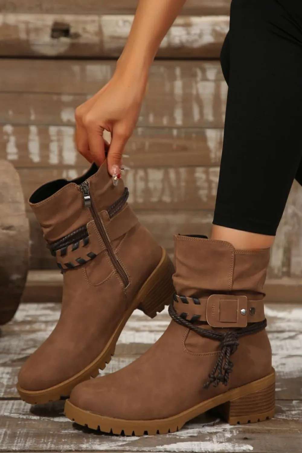Outlet Dear-Lover Suede Woven Lace-up Strap Side Zip Boots Chestnut
