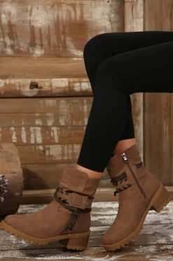 Outlet Dear-Lover Suede Woven Lace-up Strap Side Zip Boots Chestnut