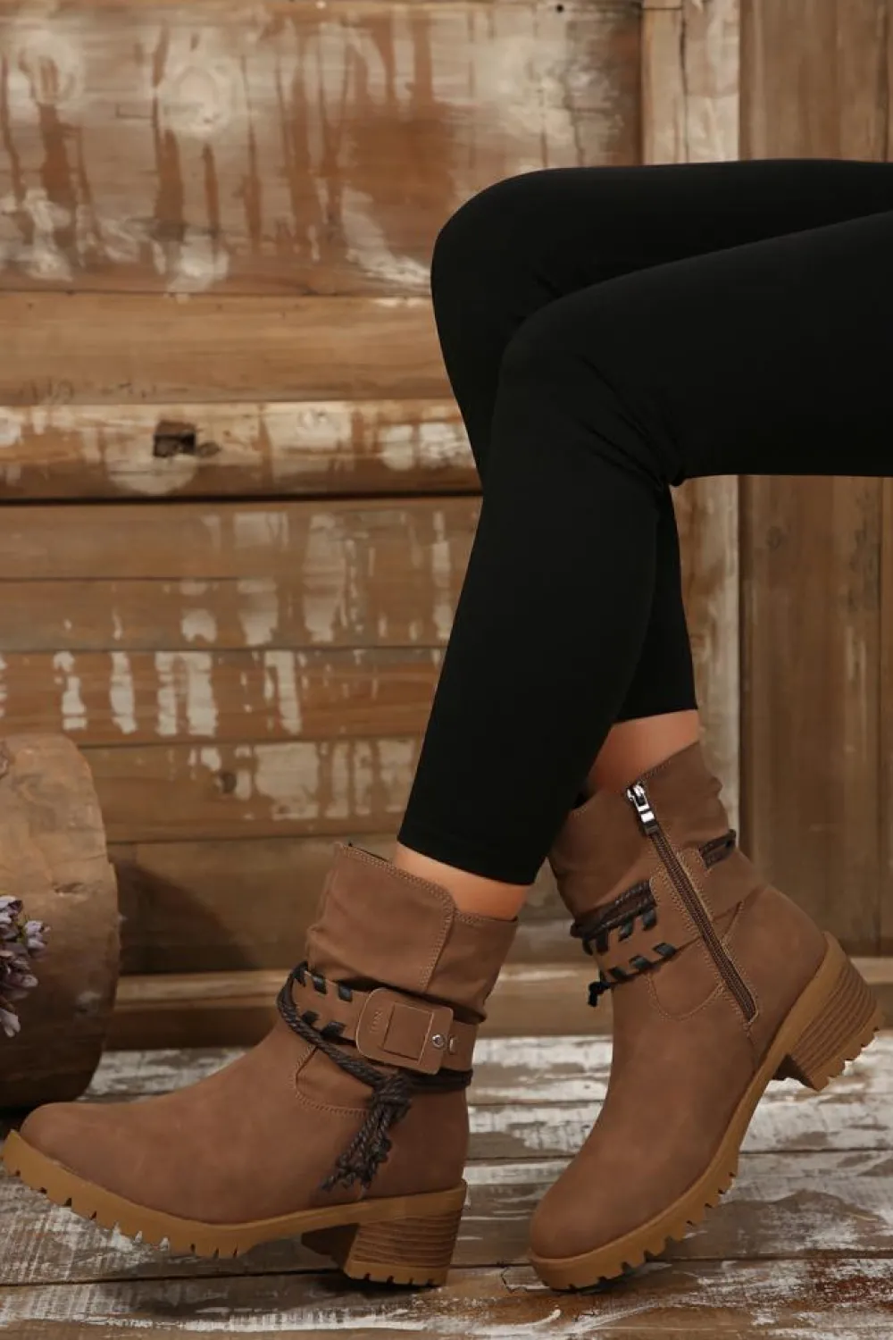 Outlet Dear-Lover Suede Woven Lace-up Strap Side Zip Boots Chestnut