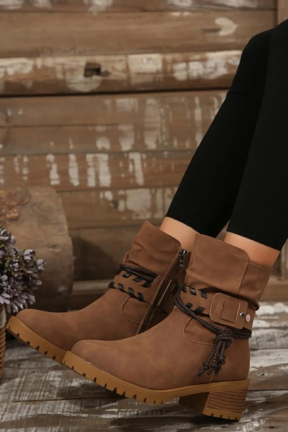 Outlet Dear-Lover Suede Woven Lace-up Strap Side Zip Boots Chestnut