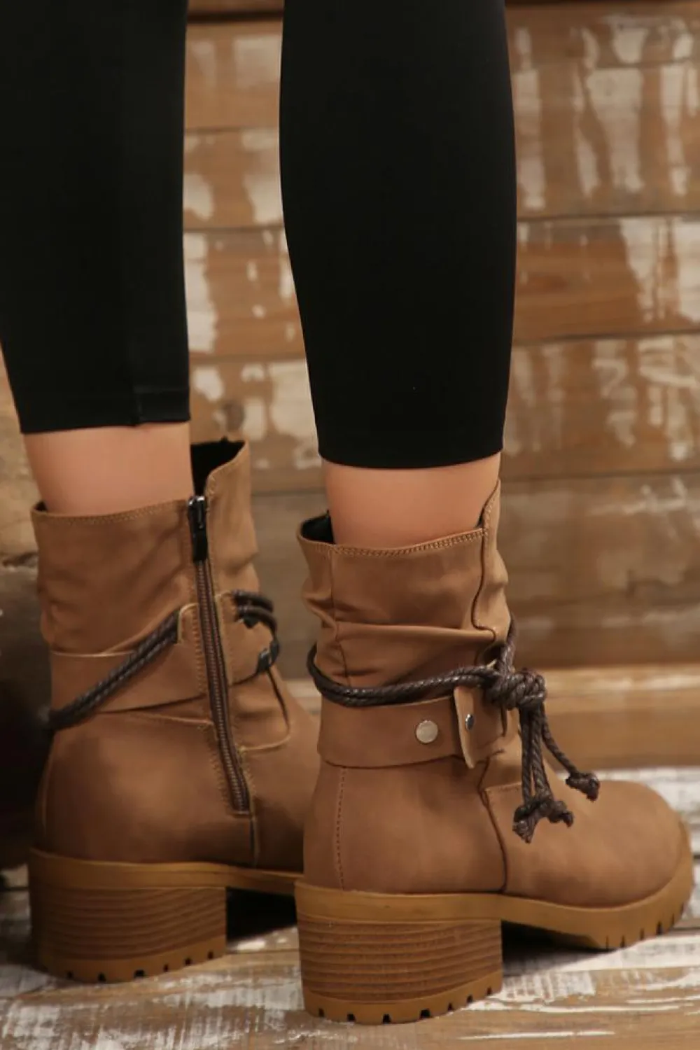 Outlet Dear-Lover Suede Woven Lace-up Strap Side Zip Boots Chestnut