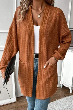 Outlet Dear-Lover Textured Knit Side Pockets Open Front Cardigan Chestnut