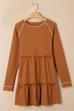 New Dear-Lover Textured Tiered Ruffled Long Sleeve Mini Dress Chestnut
