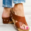 Fashion Dear-Lover Toe Ring Cross Cutout Studded Wedge Slippers Chestnut