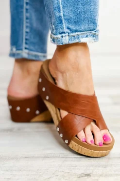 Fashion Dear-Lover Toe Ring Cross Cutout Studded Wedge Slippers Chestnut