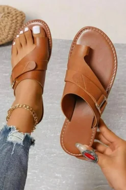 Discount Dear-Lover Toe Ring Flat Sandal Slippers Chestnut
