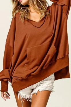New Dear-Lover V Neck Kangaroo Pocket Oversized Hoodie Chestnut