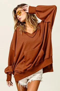 New Dear-Lover V Neck Kangaroo Pocket Oversized Hoodie Chestnut