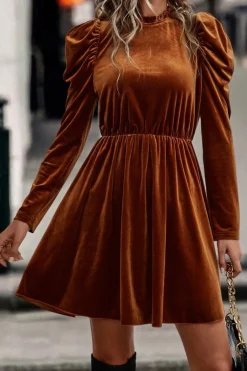 Outlet Dear-Lover Velvet Frilled Neck Gigot Sleeve Swing Dress Chestnut