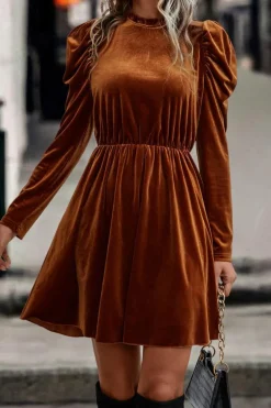 Outlet Dear-Lover Velvet Frilled Neck Gigot Sleeve Swing Dress Chestnut