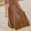 Outlet Dear-Lover Velvet Lacy V Neckline Short Sleeve Empire Waist Flowy Maxi Dress Chestnut