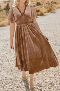 Outlet Dear-Lover Velvet Lacy V Neckline Short Sleeve Empire Waist Flowy Maxi Dress Chestnut