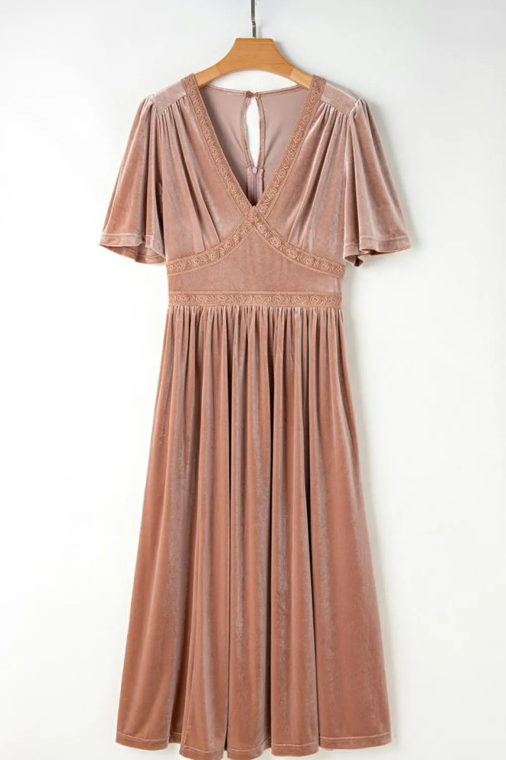 Outlet Dear-Lover Velvet Lacy V Neckline Short Sleeve Empire Waist Flowy Maxi Dress Chestnut