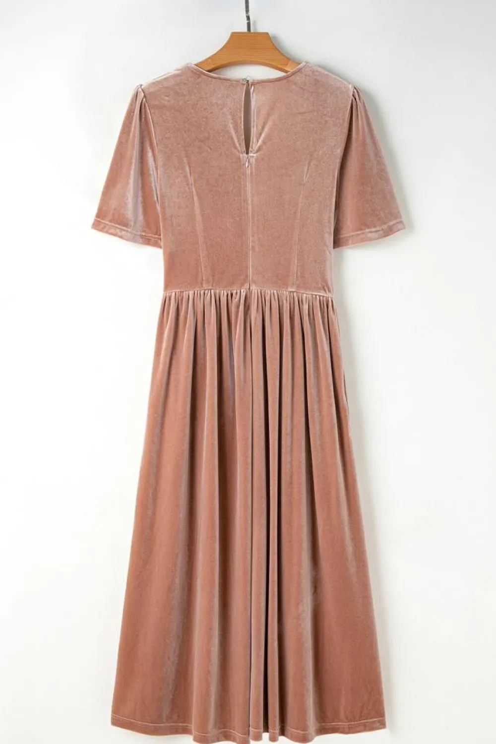 Outlet Dear-Lover Velvet Lacy V Neckline Short Sleeve Empire Waist Flowy Maxi Dress Chestnut