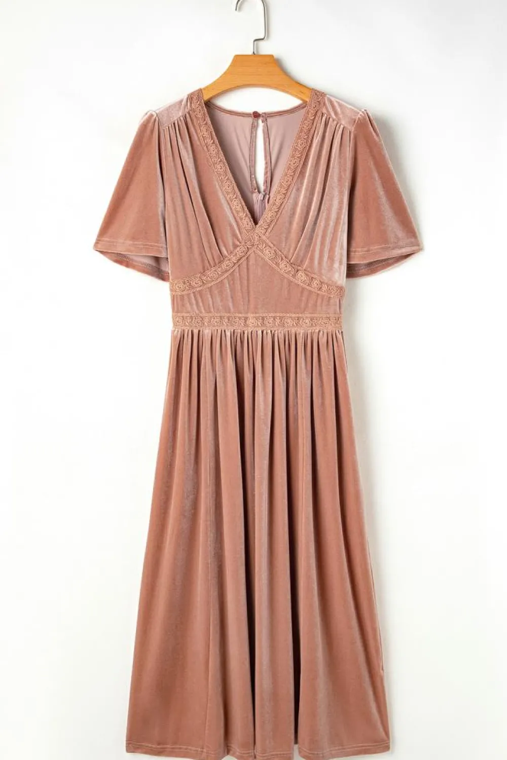 Outlet Dear-Lover Velvet Lacy V Neckline Short Sleeve Empire Waist Flowy Maxi Dress Chestnut