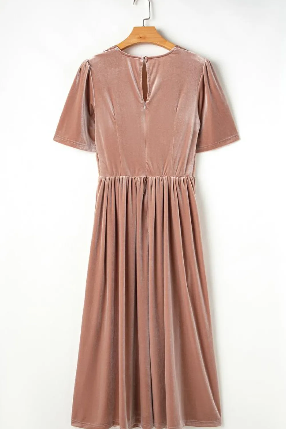 Outlet Dear-Lover Velvet Lacy V Neckline Short Sleeve Empire Waist Flowy Maxi Dress Chestnut