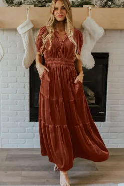 Clearance Dear-Lover Velvet Short Sleeve Shirred Waist Tiered Maxi Dress Chestnut