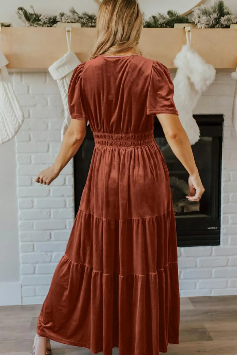 Clearance Dear-Lover Velvet Short Sleeve Shirred Waist Tiered Maxi Dress Chestnut