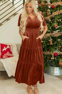 Clearance Dear-Lover Velvet Short Sleeve Shirred Waist Tiered Maxi Dress Chestnut