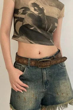 Clearance Dear-Lover Vintage Pattern PU Leather Waist Belt Chestnut