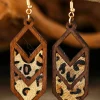 Best Dear-Lover Western Animal Print Insert Wooden Hollowed Earrings Chestnut