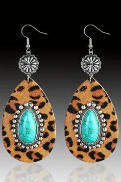 Discount Dear-Lover Western Leopard Turquoise Inlay Drop Earrings Chestnut