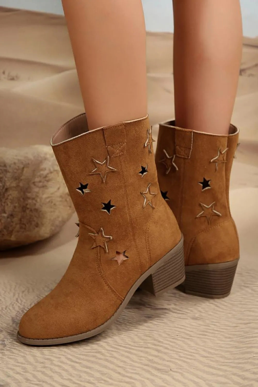 Sale Dear-Lover Western Star Decor Suede Chunky Heel Boots Chestnut