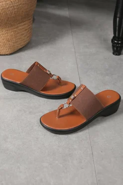 Online Dear-Lover Wide Band Clip Toe PU Leather Wedge Slippers Chestnut