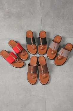 Online Dear-Lover Wide Band Clip Toe PU Leather Wedge Slippers Chestnut