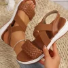 Fashion Dear-Lover Woven Elastic Criss Cross Slope Sandals Chestnut