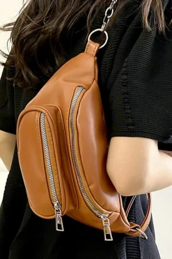 New Dear-Lover Zipper PU Leather Chain Linked Crossbody Bag Chestnut
