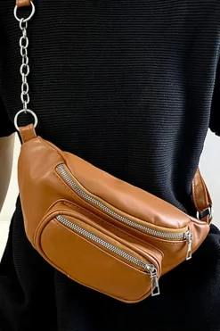 New Dear-Lover Zipper PU Leather Chain Linked Crossbody Bag Chestnut