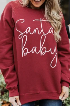 Hot Dear-Lover Christmas Santa Baby Print Pullover Sweatshirt Fiery Red