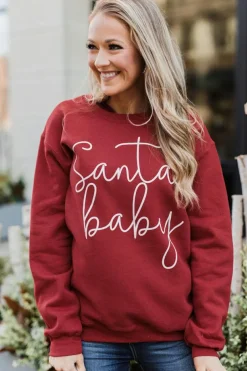 Hot Dear-Lover Christmas Santa Baby Print Pullover Sweatshirt Fiery Red