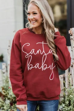Hot Dear-Lover Christmas Santa Baby Print Pullover Sweatshirt Fiery Red